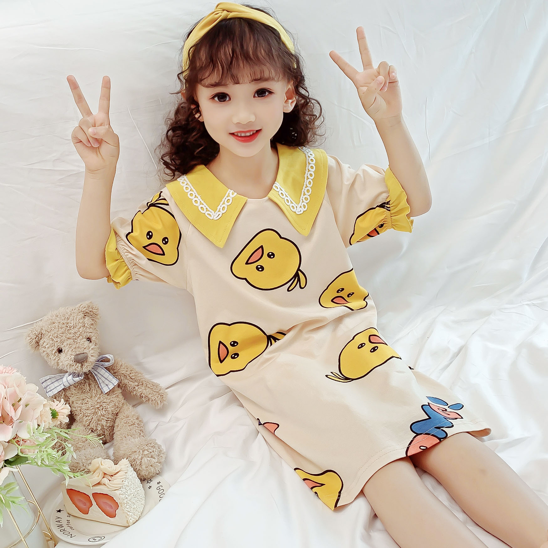 母女睡裙夏季纯棉薄款短袖儿童睡衣女童亲子连衣裙女孩夏天家居服