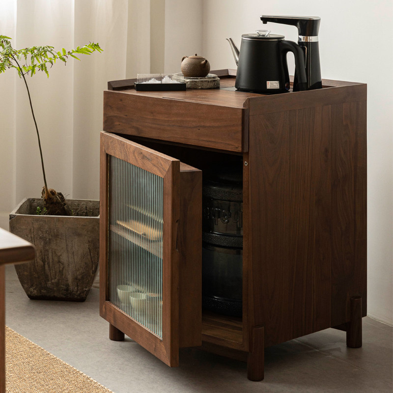 黑胡桃实木茶水柜客厅边几烧水柜下置水桶家用茶边柜茶水台单门