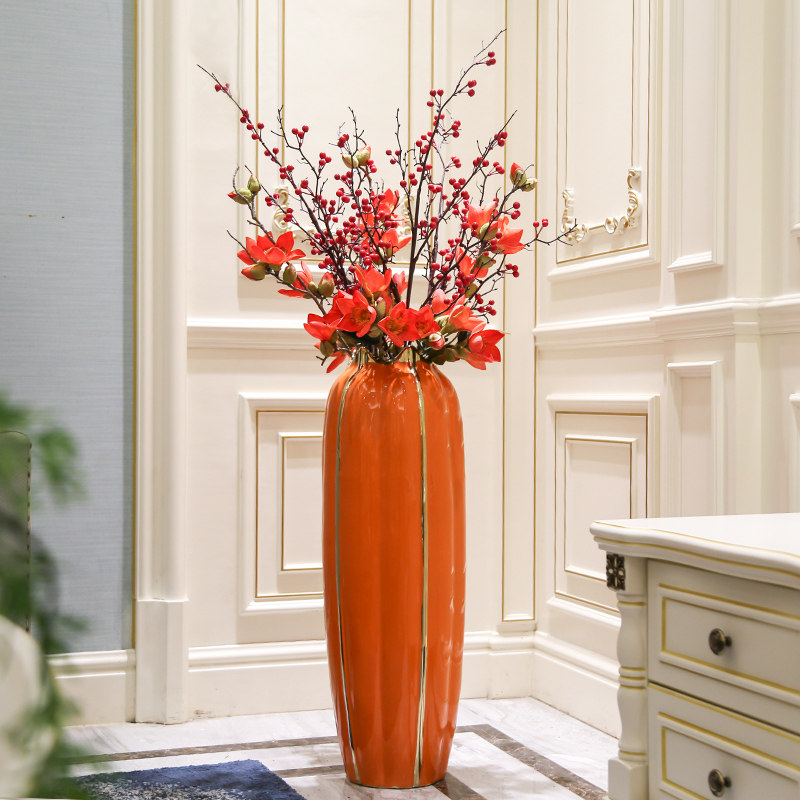 北欧美式陶瓷落地大花瓶摆件客厅插花现代轻奢高档玄关橙色装饰品