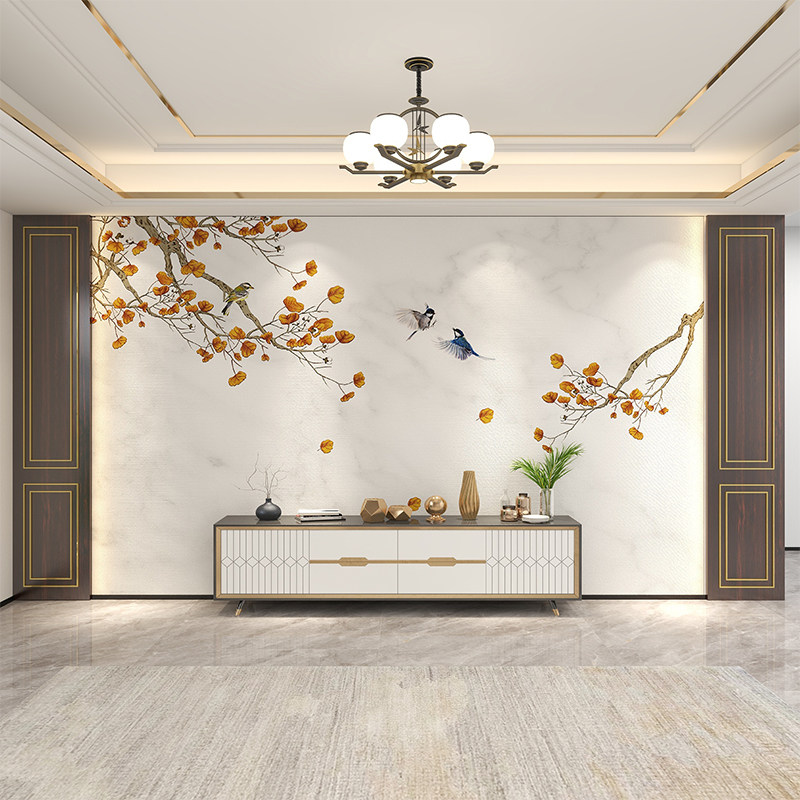 新中式银杏叶花鸟壁纸仿大理石电视背景墙纸客厅沙发装饰壁画墙布