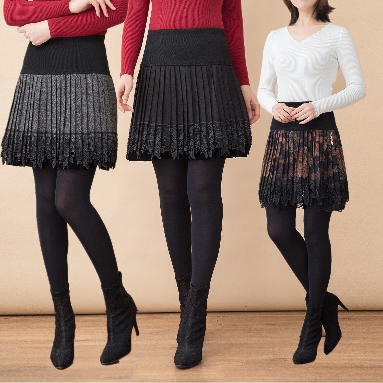 妈妈秋装半身裙短款中年妇女秋冬装松紧高腰百褶裙短裙百搭字裙