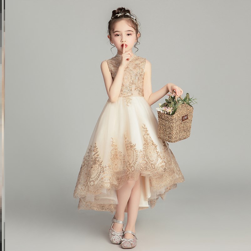 十二岁女孩生日公主裙夏季走秀金色表演服晚礼服钢琴主持大童童