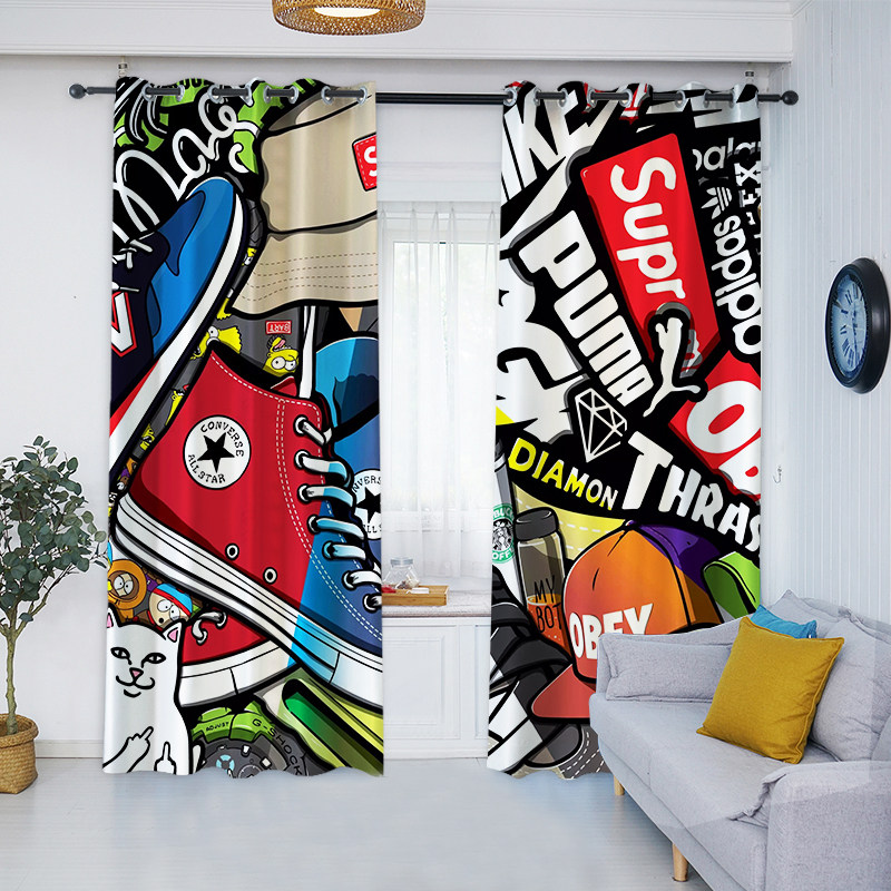 卡通动漫网红涂鸦学生宿舍卧室遮光窗帘飘窗落地窗遮阳帘来图定制