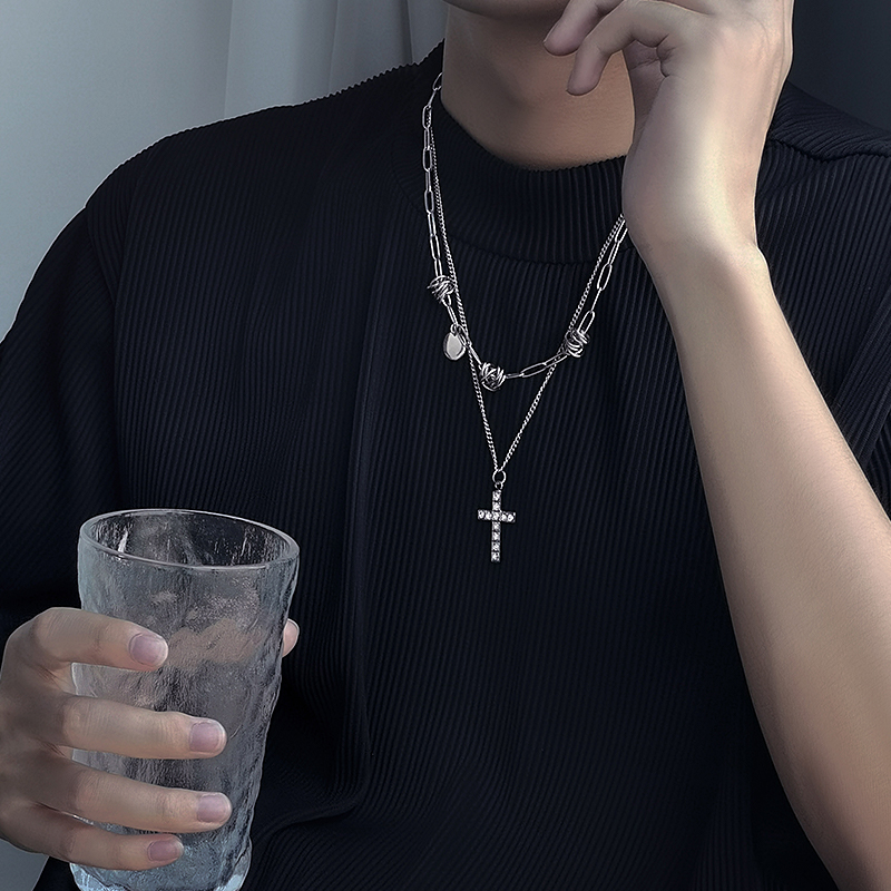 项链男潮嘻哈男士吊坠珍珠日系小众男生夏季搭配衣服十字架配饰