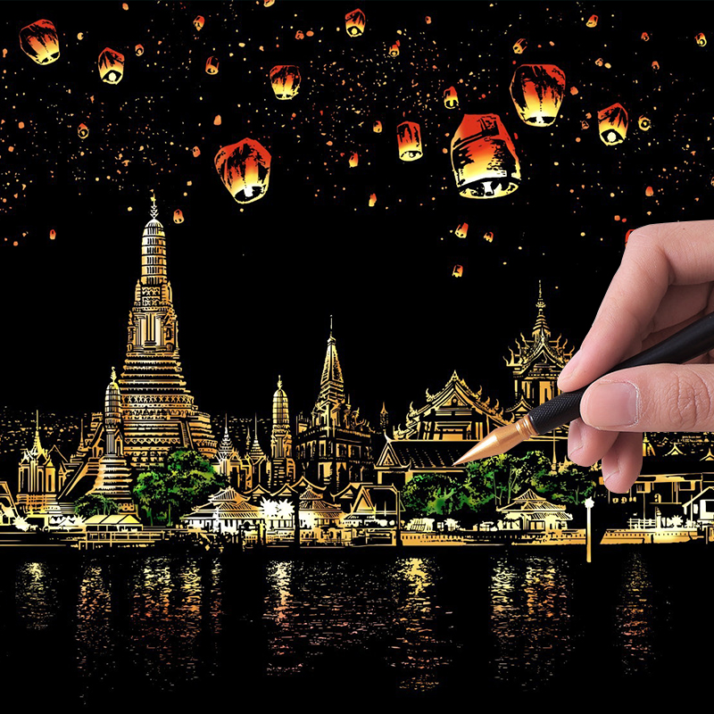 都市夜景刮画纸炫彩儿童a4刮刮画彩色8k刮蜡画纸幼儿园黑色小学生