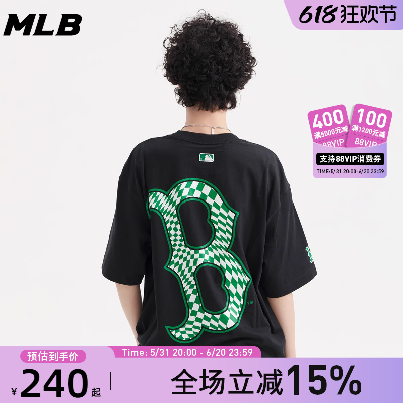 MLB短袖女夏季棋盘格字母印花纯棉耐磨透气T恤休闲潮流百搭半袖