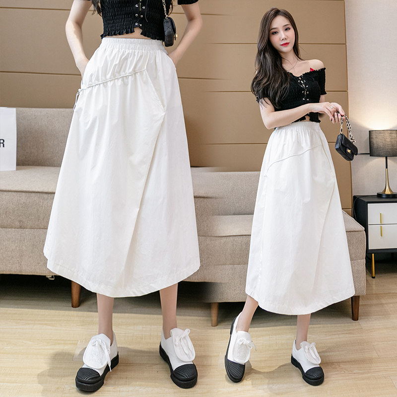 夏季新款高腰显瘦白色半截裙女中长款大摆半身裙宽松百搭a字裙子