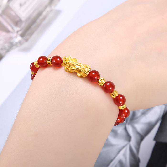 黄金手链女款3d硬金貔貅转运珠手串纯天然红石榴石小金珠玛瑙手镯