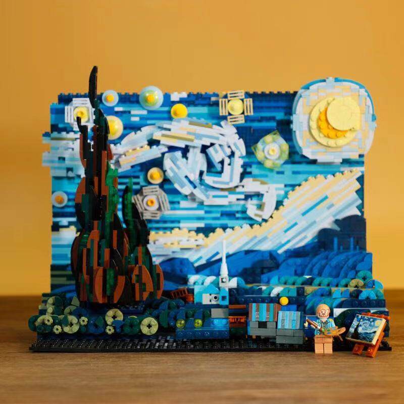 乐高moc梵高星月空夜世界名画神奈川冲浪像素画创意ideas拼插积木