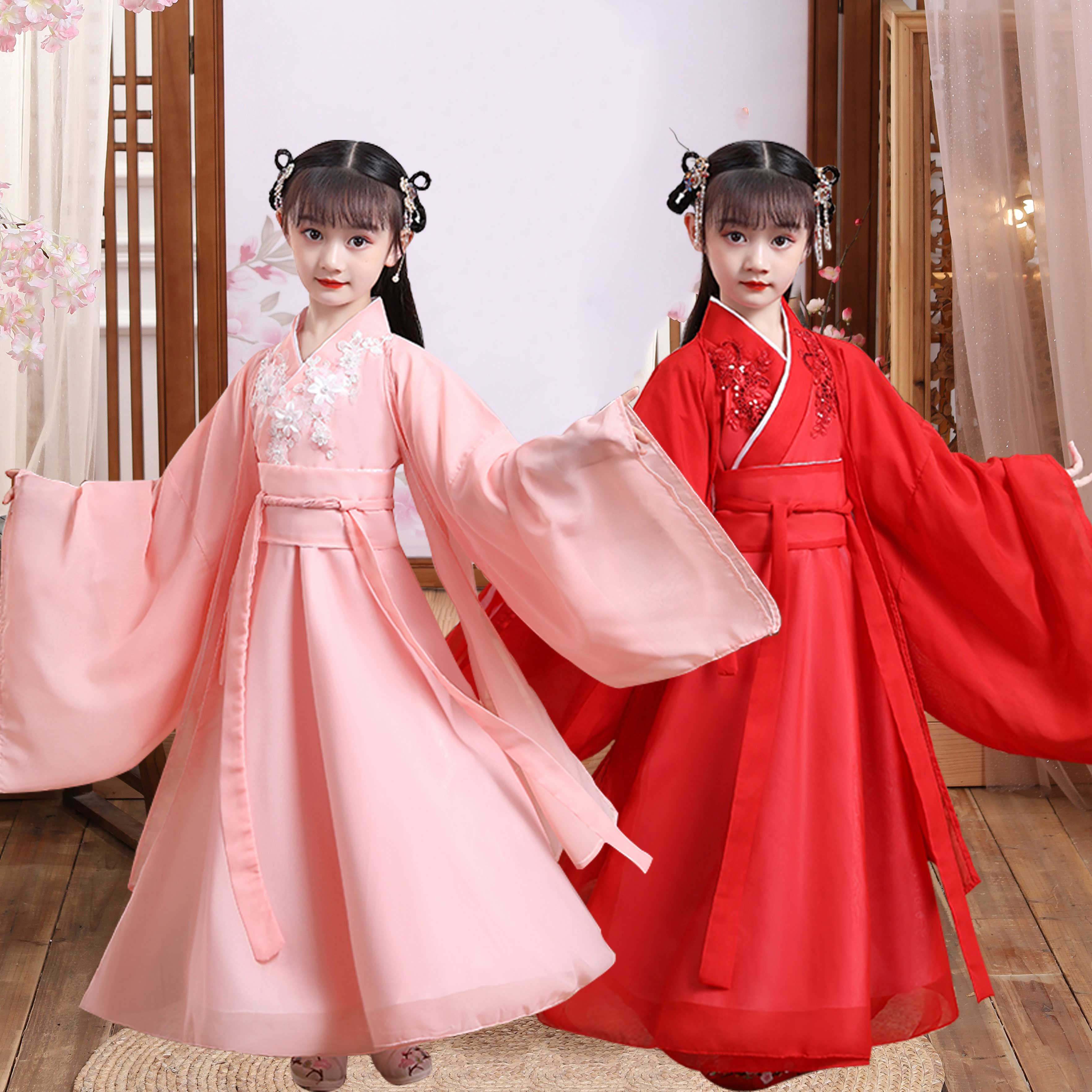 汉服女童秋冬古装超仙飘逸襦裙樱花公主汉服小女孩儿童连衣裙轻纱