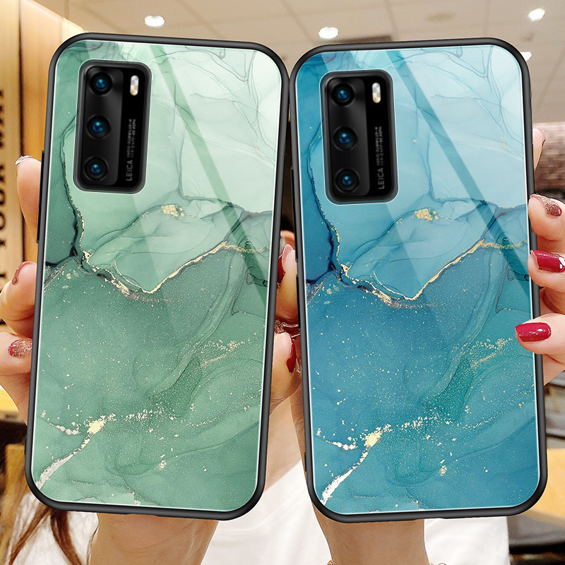华为p40手机壳玻璃p40pro保护硅胶套p4o全包边por防摔水彩大理石els