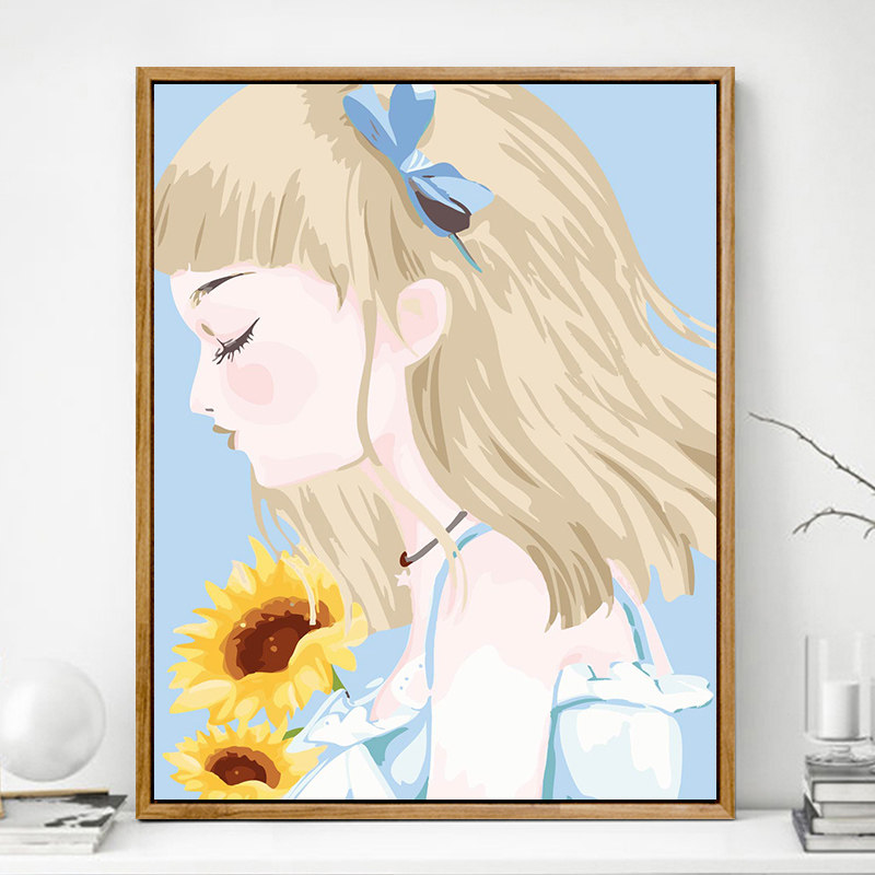diy数字油画填充油彩画太阳花少女人物填色画减压手工卧室装饰画