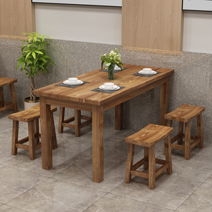 新款饭店小吃店快餐馆面馆桌椅板凳组合碳化实木食堂火锅烧烤桌子