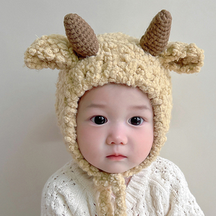 婴儿帽子秋冬季可爱超萌女宝宝帽男童女童护耳保暖毛绒帽加厚冬款