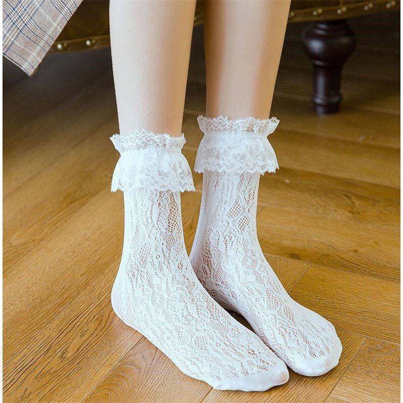 日系lolita洛丽塔蕾丝袜子女白色中筒堆堆袜春夏款花边短袜两双装