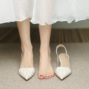 GG。法式米白色高跟鞋女细跟夏季2024年新款3公分小跟鞋低跟包头