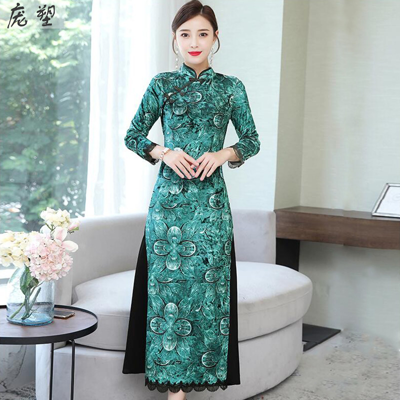 庞塑旗舰店的优惠券大全—秋冬长袖女丝绒旗袍长款 高档气质 时尚