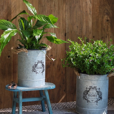 复古铁皮花桶花z器花盆套盆落地铁艺提桶圆桶花园花店装饰摆件杂