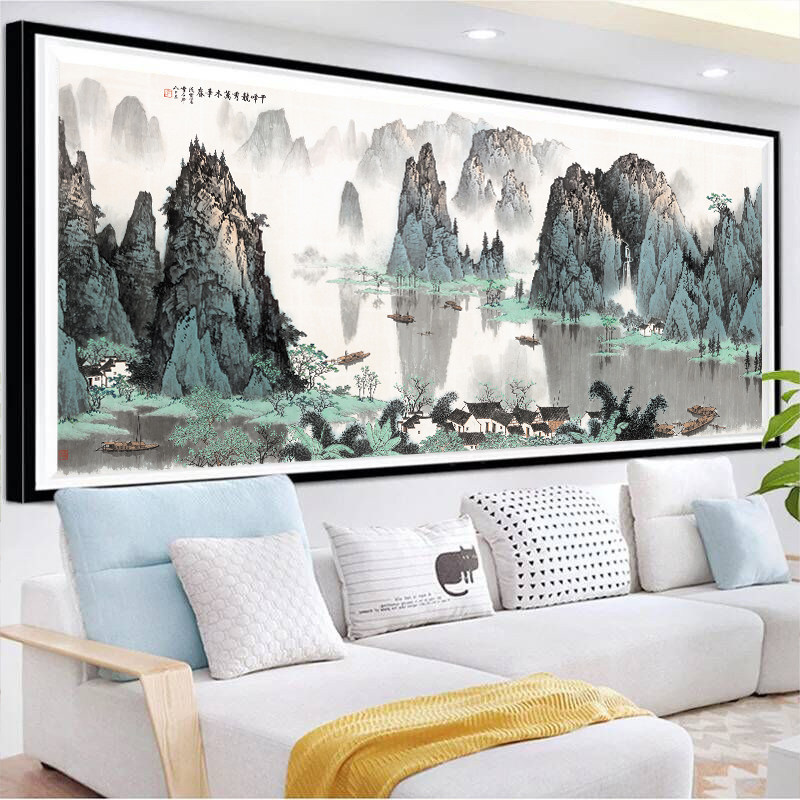 千峰竞秀十字绣2020新款绣客厅现代中式山水风景流水生财简单线绣