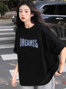 黑色字母短袖t恤女夏季2024年新款韩版宽松oversize休闲别致上衣