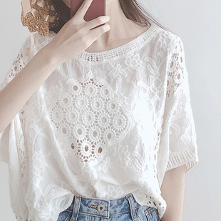 雪纺衫女夏季短袖2024新款韩版宽松白色洋气小衫蕾丝镂空打底上衣