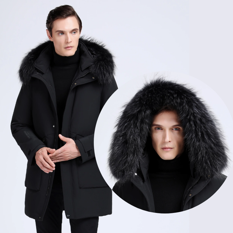 金狐狸羽绒服男士中长款加厚男装真貉子毛领大码休闲运动外套