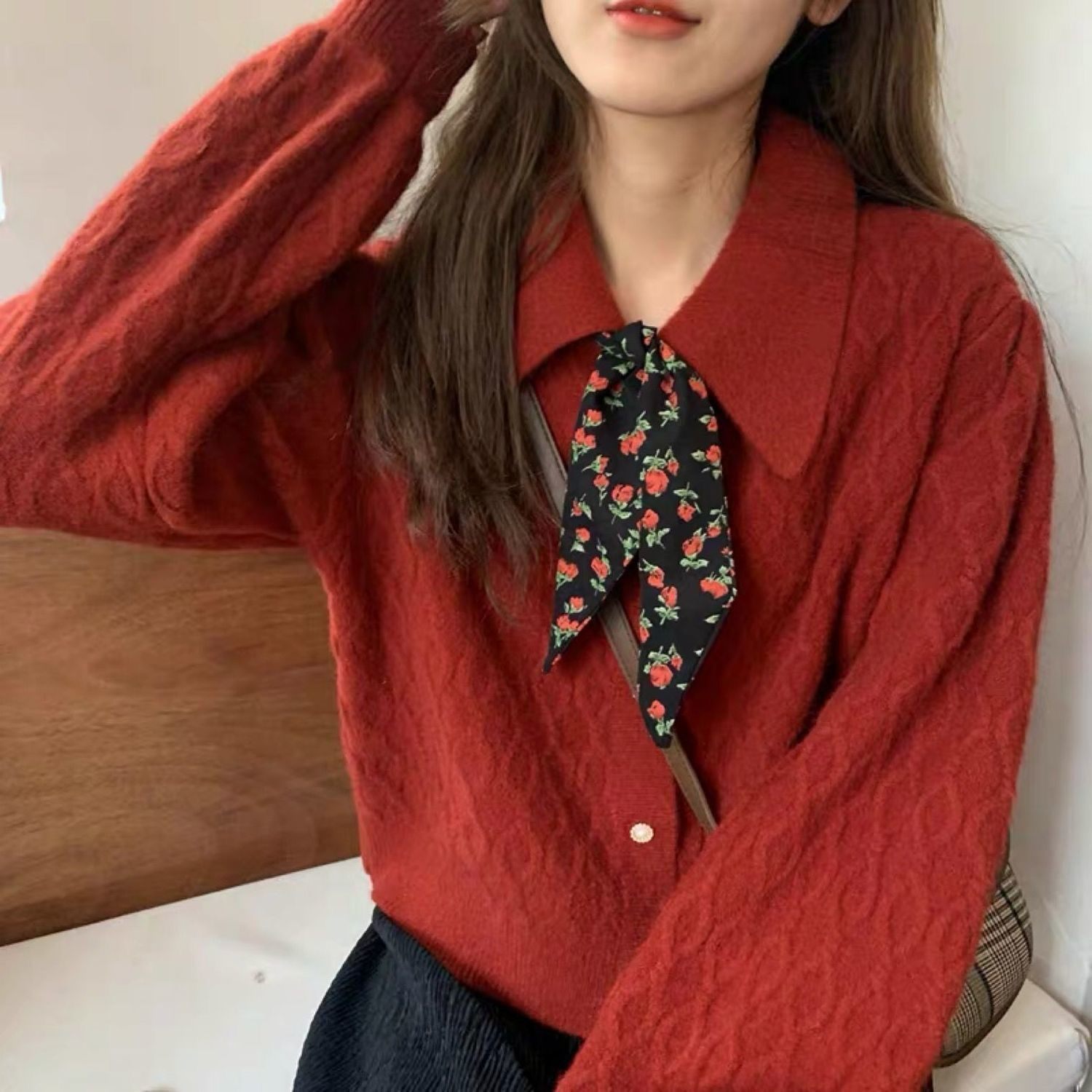 红色毛衣女2021新年款秋冬圣诞复古短款外套小个子娃娃领上衣外穿