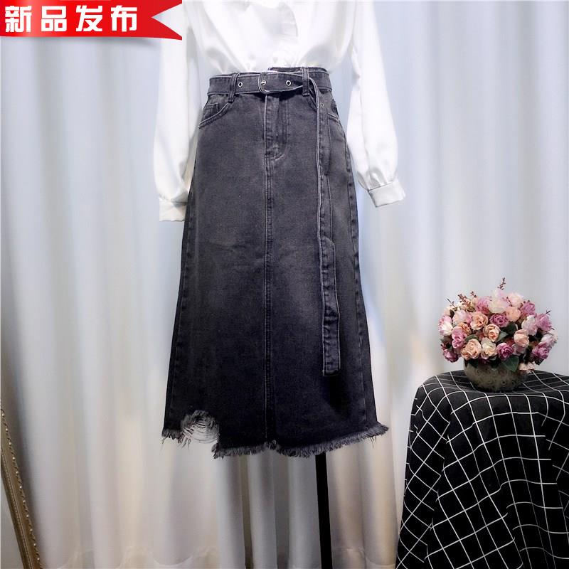 秋装2018中l长流苏高腰新款破洞系带牛仔半身裙款a字裙女长裙黑色|ruв категории Женская одежда, юбка - от Buy2taobao.com для оказания профессиональной услуги покупки агента Taobao