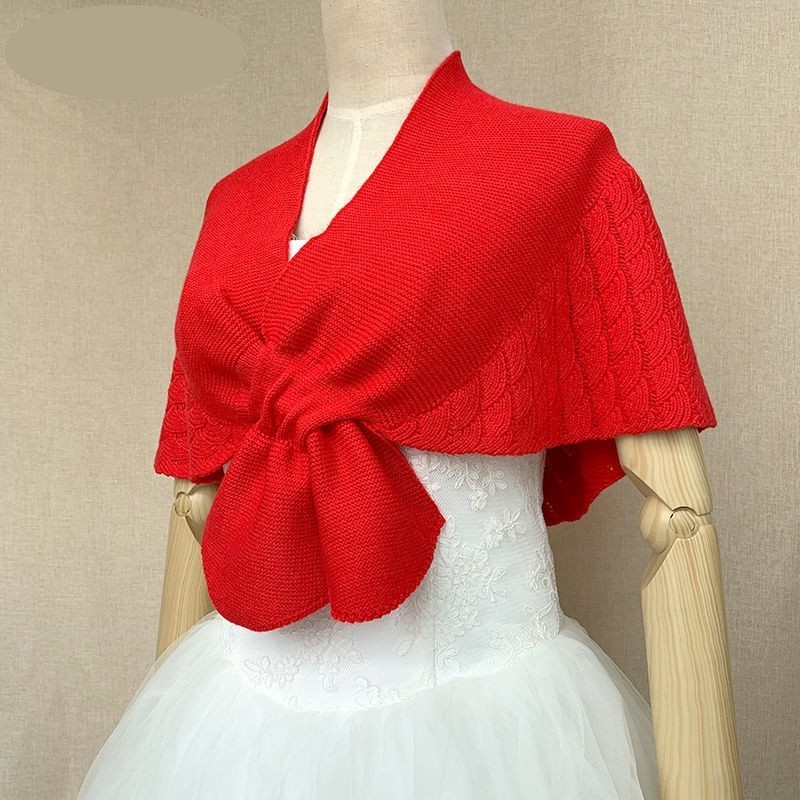 红色披肩结婚婚礼喜庆新娘喜婆婆妈妈伴娘婚纱春秋婚宴遮手臂斗篷