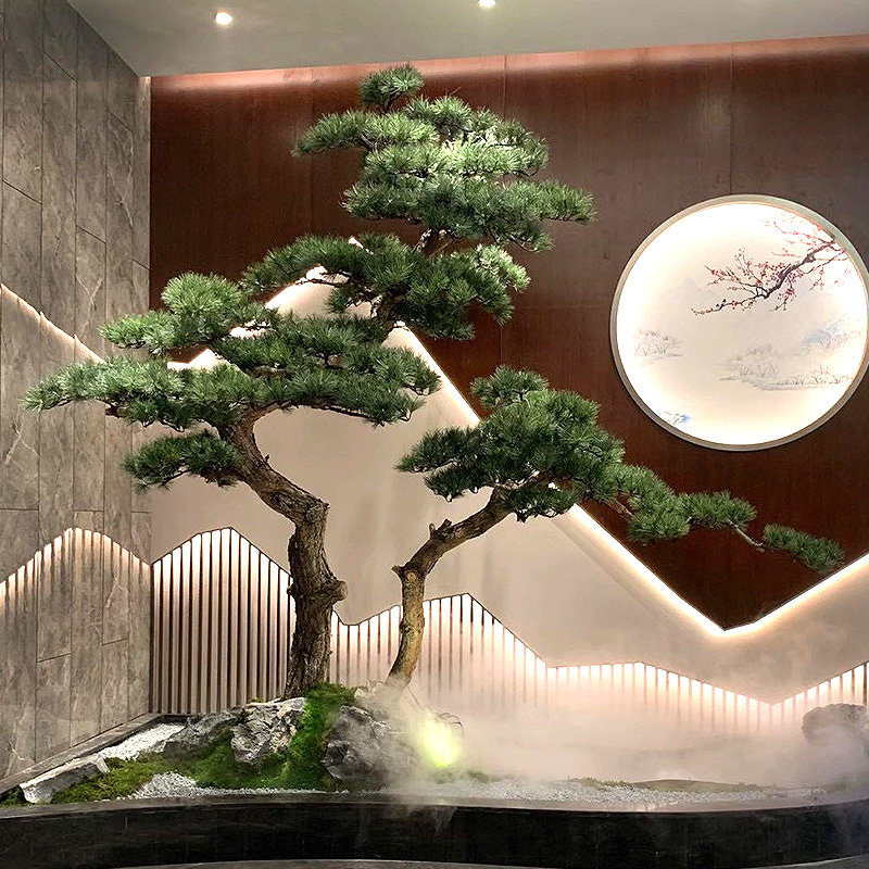 花舍新款室内景观假树装饰仿真迎客松摆件落地盆景实木造型松树