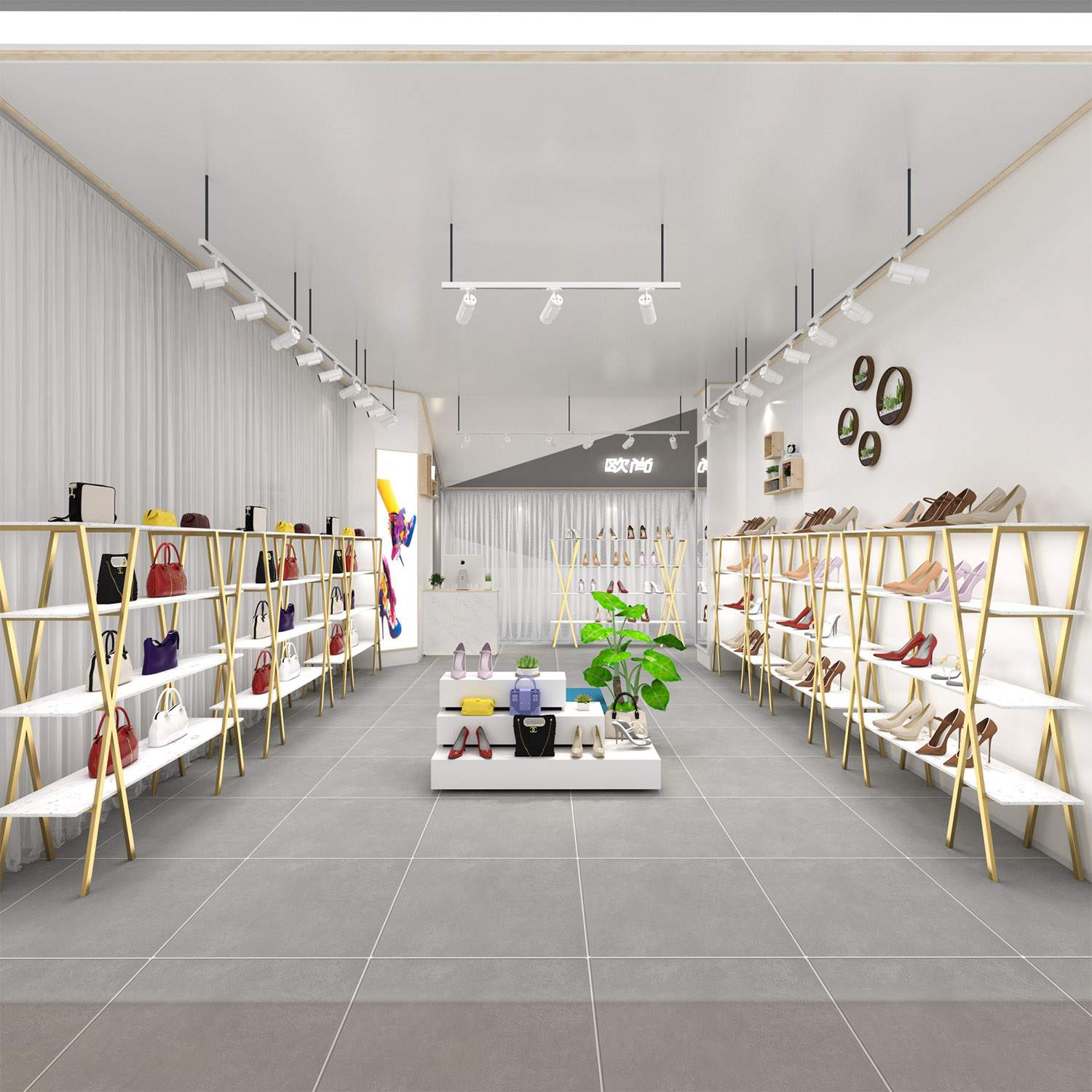 鞋店鞋架展示架服装店货架置物架落地式包包店铺装修设计效果优惠券