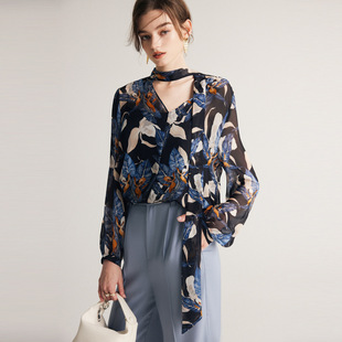 法国设计师CanaryKiss两件套真丝衬衫女春夏新款微透印花法式雪纺