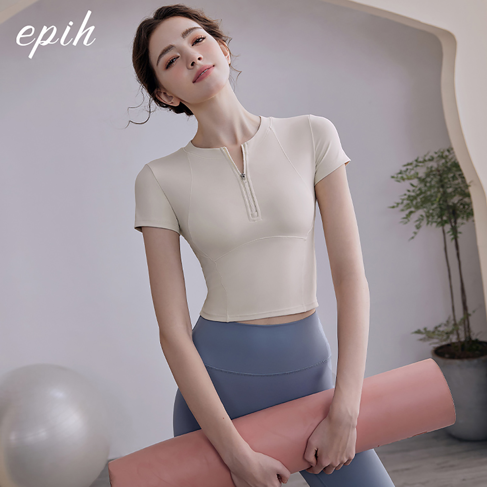 EPIH瑜伽服上衣女夏季健身衣运动服普拉提训练套装新款短袖带胸垫