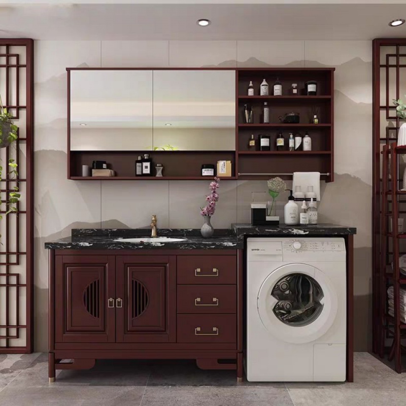 新中式洗衣机浴室柜一体实木组合阳台落地高低滚筒洗手洗漱台盆柜