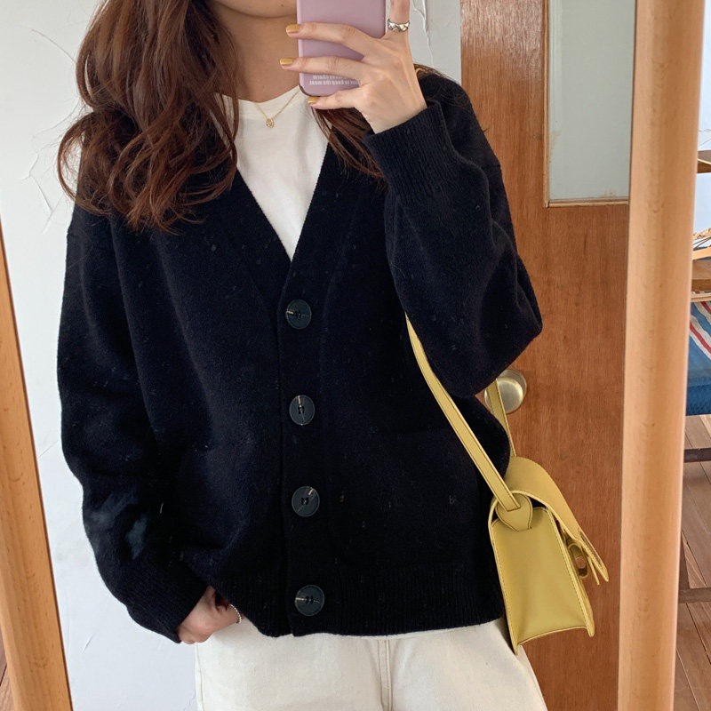 2021外穿秋冬款宽松韩版慵懒风针织衫加厚上衣黑色毛衣外套女开衫