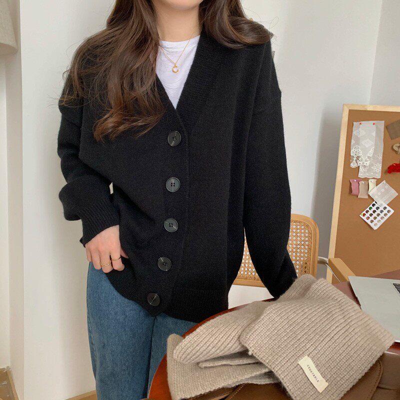秋冬黑色毛衣外套女韩系宽松慵懒风加厚中长款开衫针织衫显瘦外穿