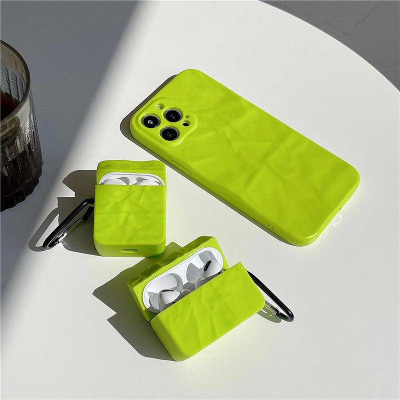 荧光绿色艺术折纸皱纸纹适用于airpods保护套airpodspro3代苹果airpod