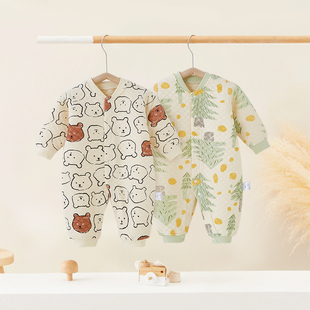 婴儿连体衣春秋季纯棉新生儿衣服春装薄棉宝宝长袖夹棉哈衣睡衣