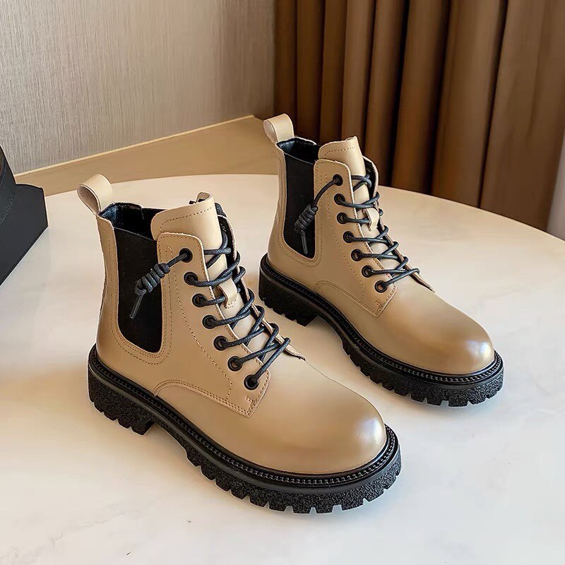 真皮短靴女2021秋冬新款马丁靴厚底百搭单靴网红瘦瘦靴卡其色潮靴