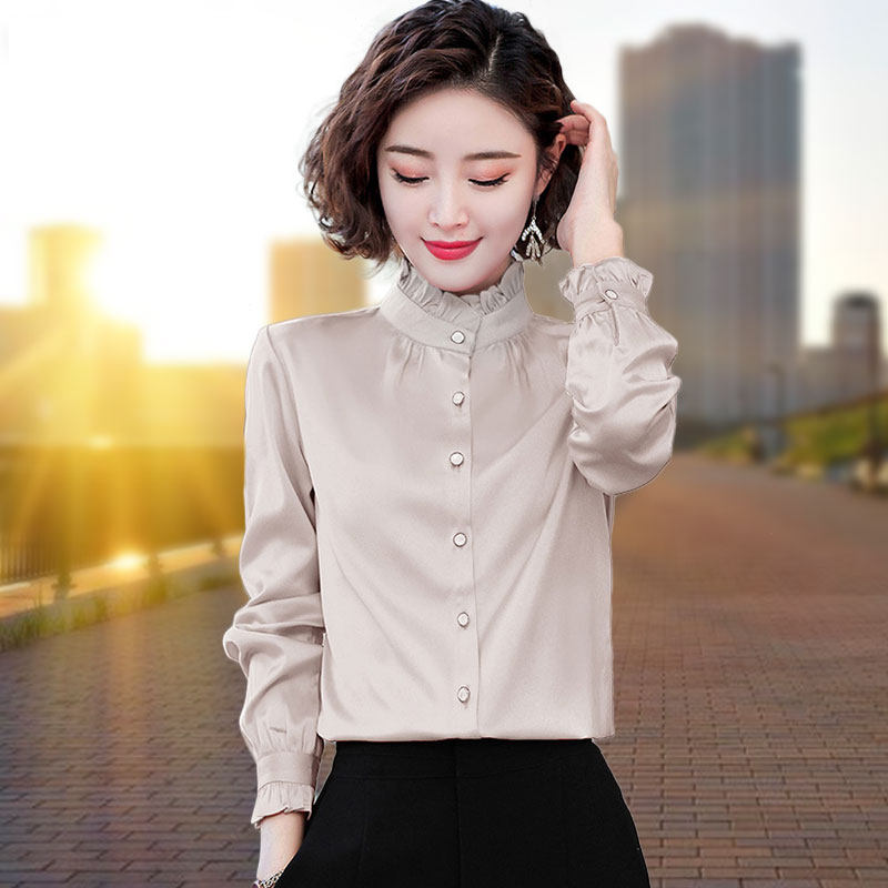 缎面雪纺衬衫女长袖2021春秋新款气质立领百搭上衣打底衫职业衬衣