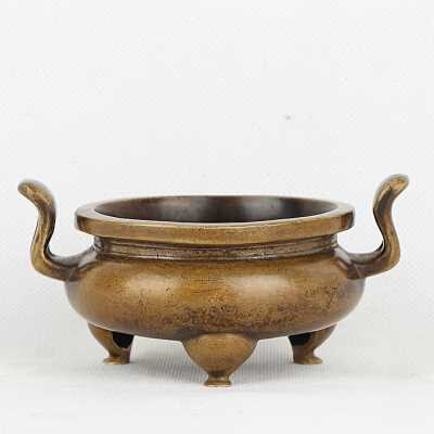炉天下铜香炉仿清代朝冠耳三足炉宣德炉纯铜室内家用供奉香具.