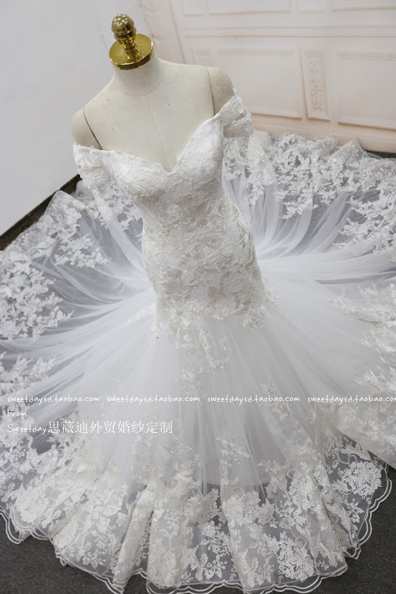 修身一字肩蕾丝鱼尾婚纱礼服收腰大拖尾新娘出门纱摄影婚纱定制