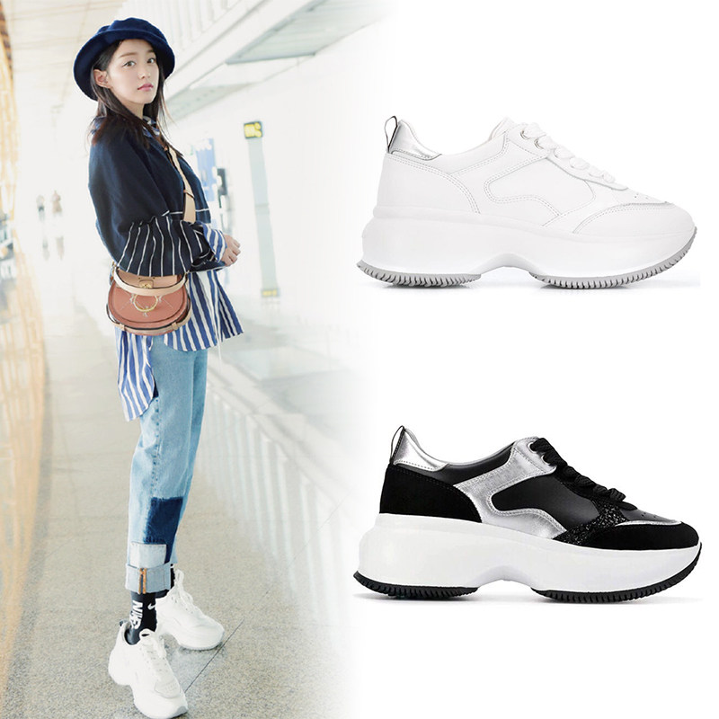 热销厚底白鞋女真皮明星同款_宋祖儿明星同款小白鞋女百搭厚底松糕鞋