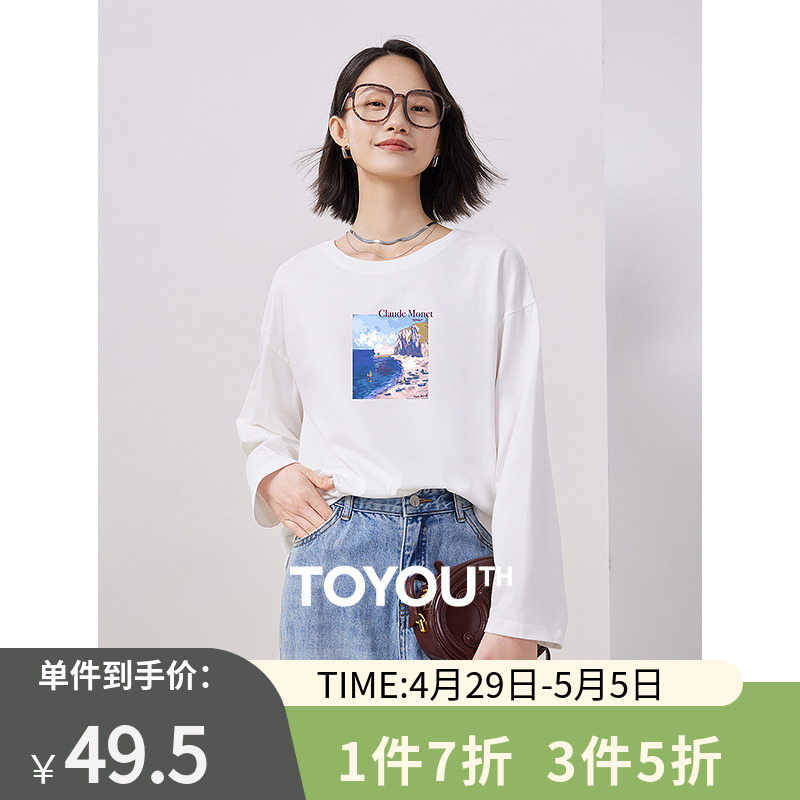 TOYOUTH初语圆领趣味印花长袖t恤女2023秋季新款纯棉打底衫上衣