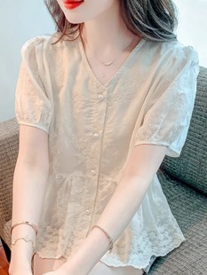 新中式国风短袖衬衫女夏季薄款2024年新款时尚洋气蕾丝气质上衣女