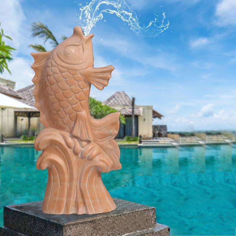 件红鱼石雕水池鱼摆园林流水户外景观喷泉装饰定制喷水鱼喷水晚霞已售