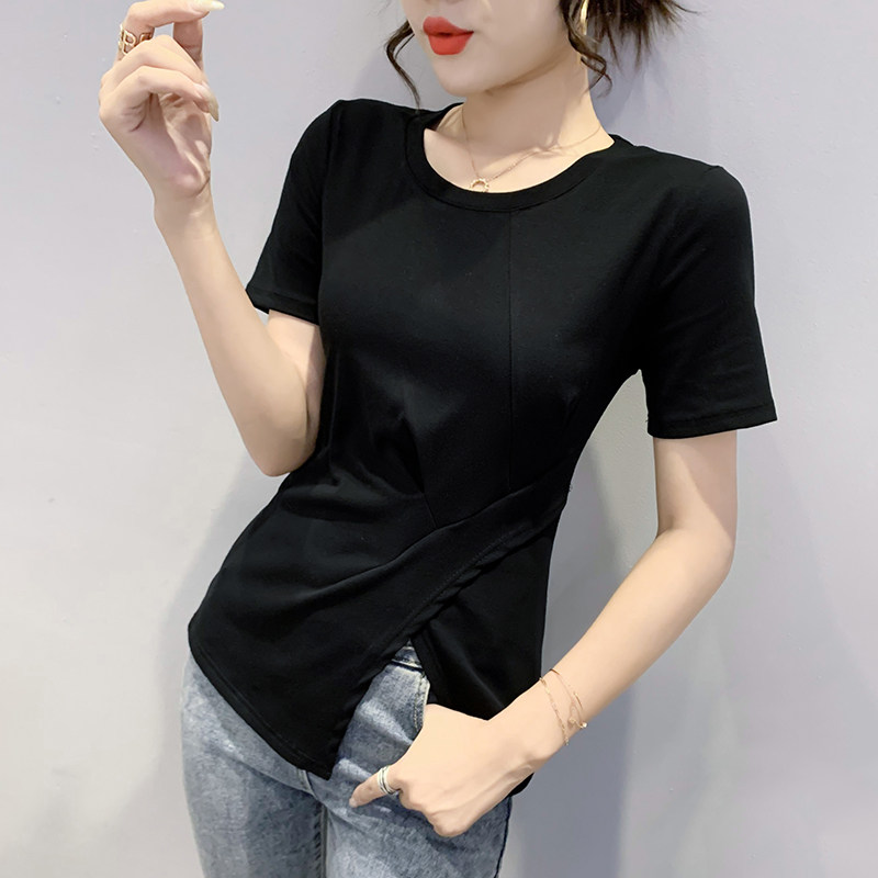 欧洲站2022夏装新款个性不规则t恤女短袖开叉上衣黑色修身体恤潮