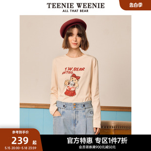 TeenieWeenie小熊奥莱秋冬圆领长袖T恤打底衫印花白色上衣女