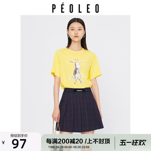 飘蕾黄色短袖T恤女春季2024新款卡通印花显瘦宽松设计感圆领上衣
