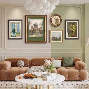 美式复古沙发背景墙装饰画法式客厅挂画轻奢小众组合餐厅绿色系壁